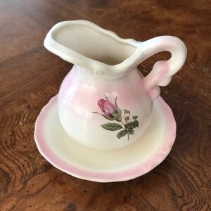 Vintage 80s Floral Rose Ceramic Pink Bathroom Vanity Wash Pitcher & Plate